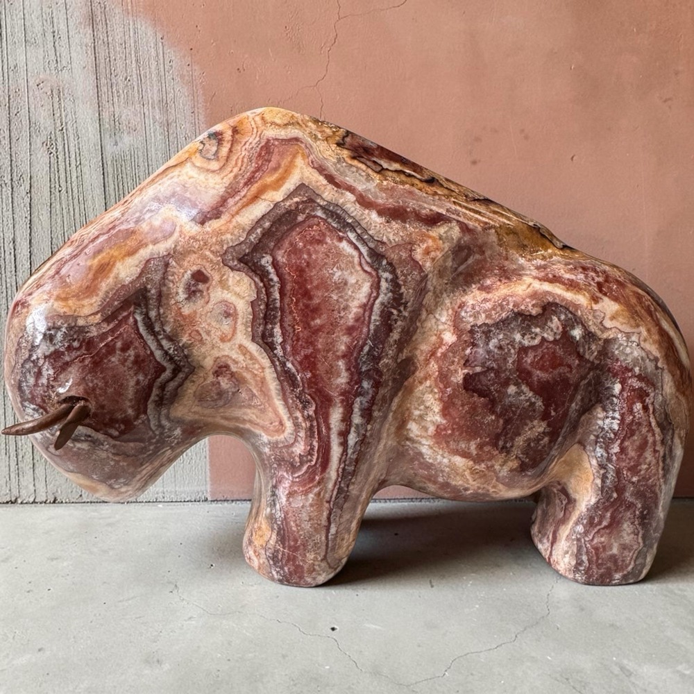 Vintage Hand Carved Banded Onyx Buffalo Figurine Bison Stone Animal Feng Shui